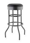 A metal bar stool with a round, padded black leather seat is shown against a white background. The stool has a textured, black anthracite finish and a stable base with four curved legs and two circular support rings.