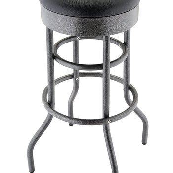 
A sturdy, tall bar stool with a round, black upholstered seat is shown on a white background. The metal frame is painted in a black anthracite color with a slightly textured finish and includes circular footrests.