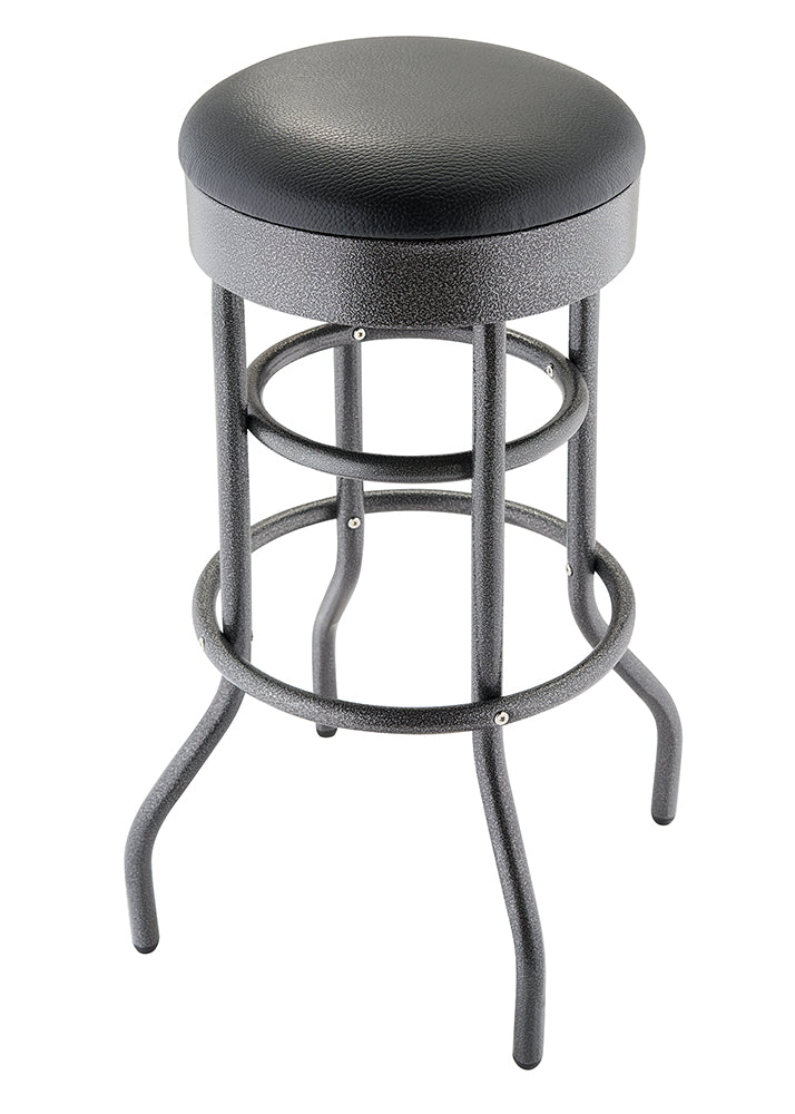 
A sturdy, tall bar stool with a round, black upholstered seat is shown on a white background. The metal frame is painted in a black anthracite color with a slightly textured finish and includes circular footrests.