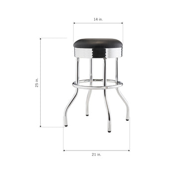 A round bar stool with a black, upholstered seat and a shiny chrome frame. The image includes dimensions: the seat is 14 inches in diameter, the stool is 25 inches tall, and the base is 21 inches wide.