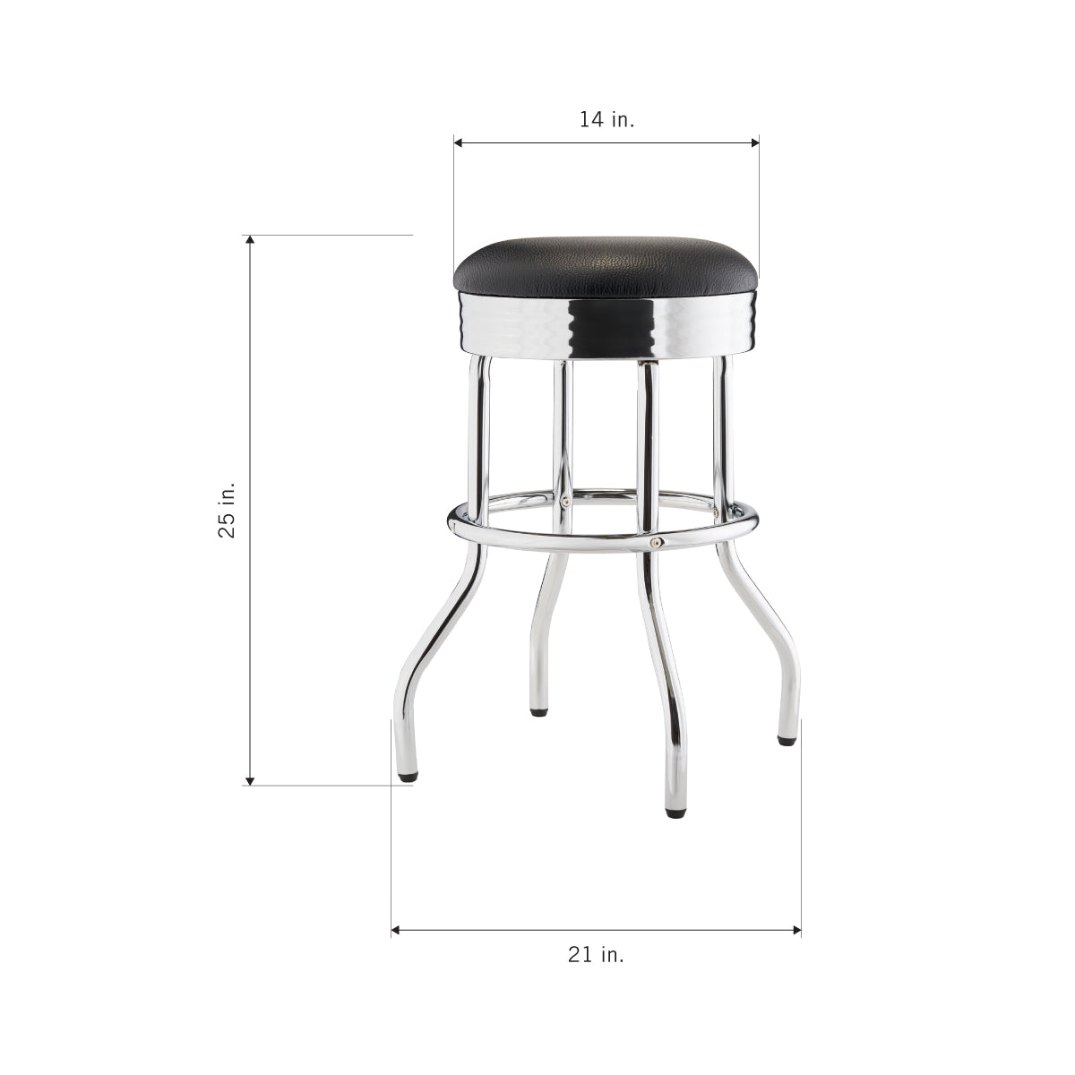 A round bar stool with a black, upholstered seat and a shiny chrome frame. The image includes dimensions: the seat is 14 inches in diameter, the stool is 25 inches tall, and the base is 21 inches wide.
