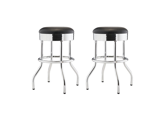 A pair of black, upholstered bar stools with chrome legs. The stools have a retro, diner-style design with circular seats and a footrest connecting the four curved legs.