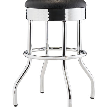 A chrome-legged bar stool with a round, black, upholstered seat. The legs curve outward at the bottom and are connected by a circular footrest.