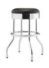 A chrome-legged bar stool with a round, black, upholstered seat. The legs curve outward at the bottom and are connected by a circular footrest.