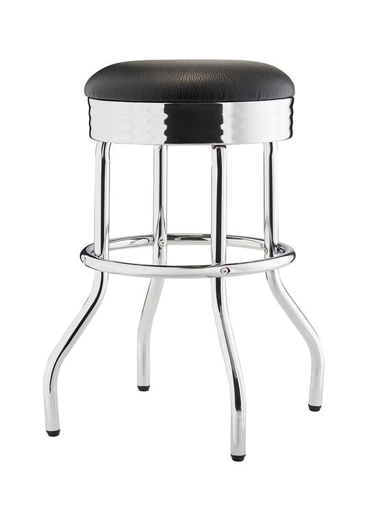 A chrome-legged bar stool with a round, black, upholstered seat. The legs curve outward at the bottom and are connected by a circular footrest.
