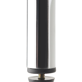 A close-up, vertical shot shows the bottom of a shiny, chrome-plated table or chair leg. A black rubber foot with a leveling screw is attached to the bottom, designed to adjust the height and protect the floor.