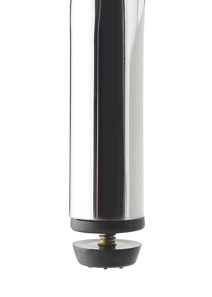 A close-up, vertical shot shows the bottom of a shiny, chrome-plated table or chair leg. A black rubber foot with a leveling screw is attached to the bottom, designed to adjust the height and protect the floor.