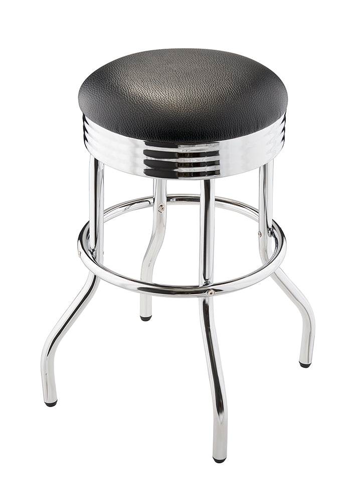 A chrome-legged bar stool with a round, black, upholstered seat. The stool's base has a shiny chrome finish with a circular footrest, and the seat is trimmed with two concentric chrome rings.