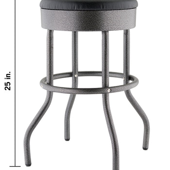 A swivel-style bar stool with a black upholstered seat and a speckled gray metal frame featuring flared legs and a circular footrest. The image includes dimension lines indicating a height of 25 inches, a seat diameter of 14.13 inches, and a base width of 21 inches.