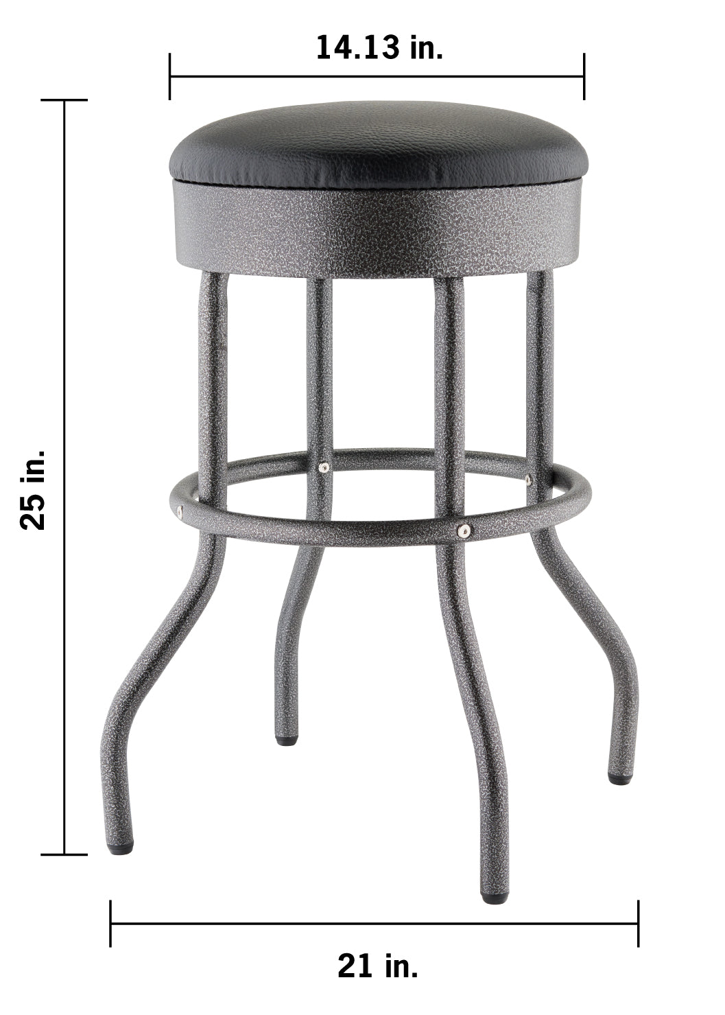 A swivel-style bar stool with a black upholstered seat and a speckled gray metal frame featuring flared legs and a circular footrest. The image includes dimension lines indicating a height of 25 inches, a seat diameter of 14.13 inches, and a base width of 21 inches.