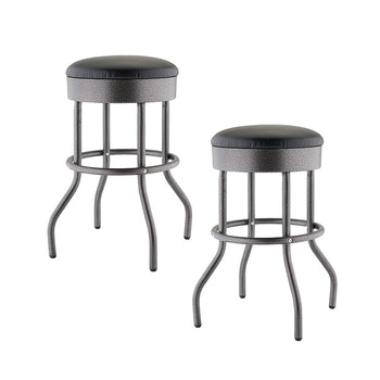 A pair of metal bar stools are shown with rounded black faux-leather seats. The stools have a dark speckled black anthracite finish on their curved legs and frames.
