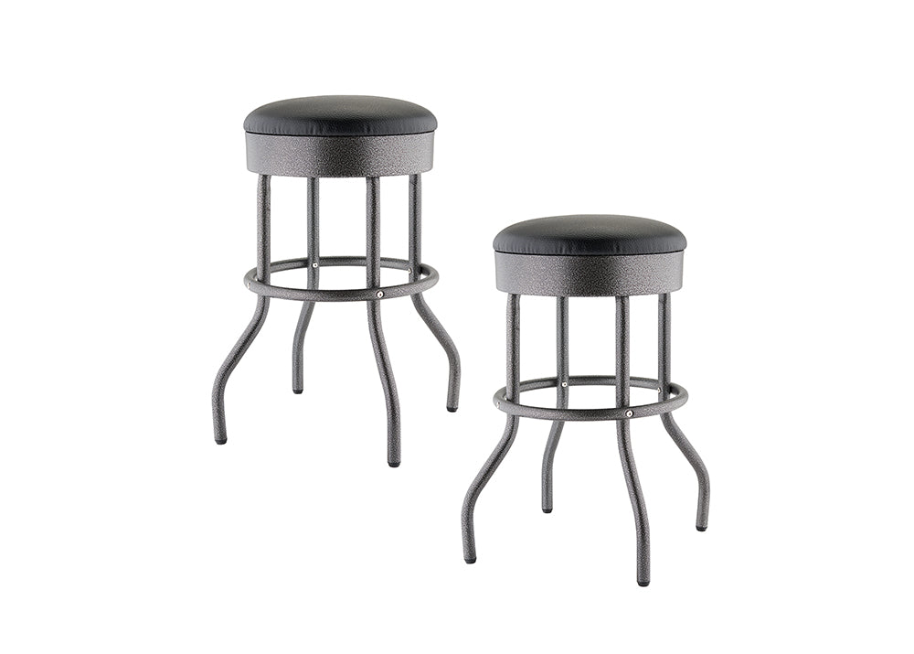 A pair of metal bar stools are shown with rounded black faux-leather seats. The stools have a dark speckled black anthracite finish on their curved legs and frames.