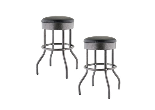 A pair of metal bar stools are shown with rounded black faux-leather seats. The stools have a dark speckled black anthracite finish on their curved legs and frames.