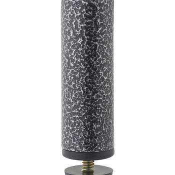 A close-up image shows the bottom of a tubular metal leg with a black, hammered or speckled finish. The leg ends in a black, adjustable screw-in foot pad to protect the floor and level the item.