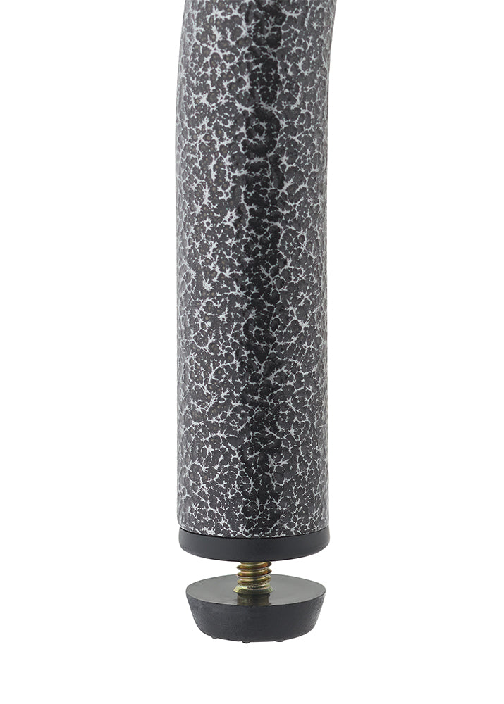 A close-up image shows the bottom of a tubular metal leg with a black, hammered or speckled finish. The leg ends in a black, adjustable screw-in foot pad to protect the floor and level the item.