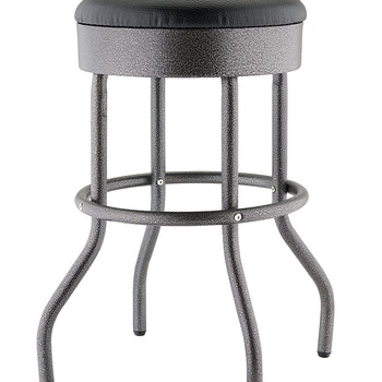 A sturdy, modern backless stool features a round, black upholstered seat atop a textured, black anthracite frame. The base consists of four curved legs and a circular footrest ring.