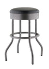 A sturdy, modern backless stool features a round, black upholstered seat atop a textured, black anthracite frame. The base consists of four curved legs and a circular footrest ring.