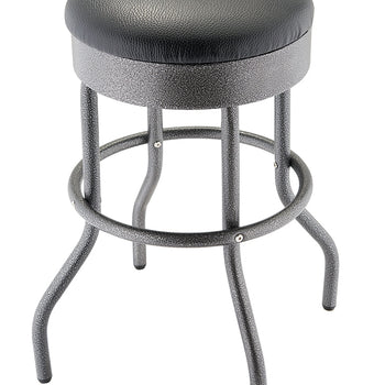 A sturdy, modern bar stool features a black, padded, circular seat with a textured, leather-like finish. The metal frame has a speckled silver or gunmetal black finish, a circular footrest, and four curved legs for stability.