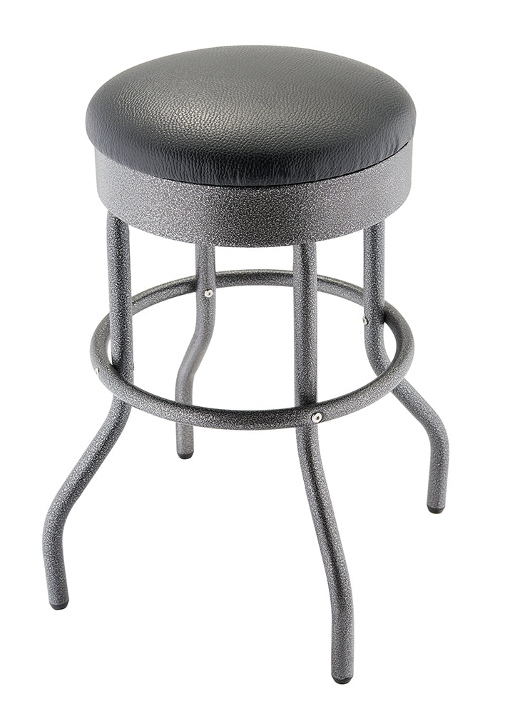 A sturdy, modern bar stool features a black, padded, circular seat with a textured, leather-like finish. The metal frame has a speckled silver or gunmetal black finish, a circular footrest, and four curved legs for stability.