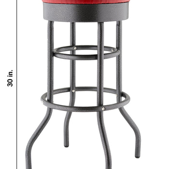 A 30-inch tall bar stool features a round red cushioned seat and a textured dark gray metal frame with two circular footrests. The diagram includes dimension lines showing a seat width of 14.75 inches and a base width of 15.8 inches where the legs flare outward.
