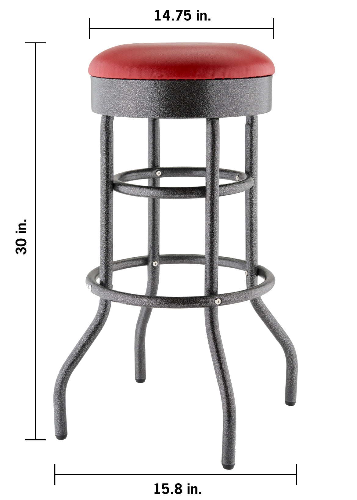 A 30-inch tall bar stool features a round red cushioned seat and a textured dark gray metal frame with two circular footrests. The diagram includes dimension lines showing a seat width of 14.75 inches and a base width of 15.8 inches where the legs flare outward.