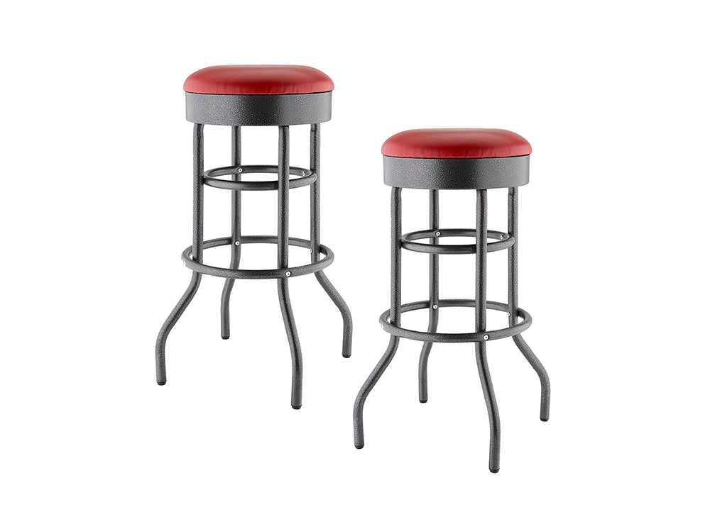 
A pair of metal bar stools are shown, one slightly taller than the other. They have black, textured metal frames with curved legs and bright red, circular padded seats.