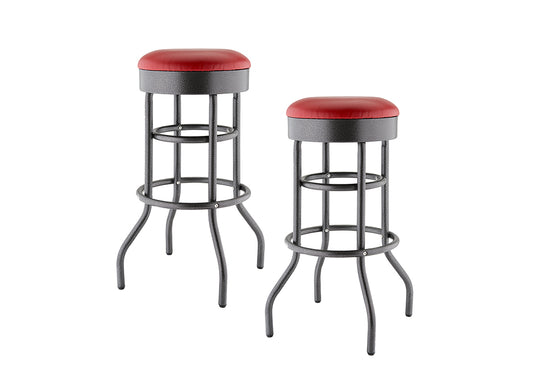 
A pair of metal bar stools are shown, one slightly taller than the other. They have black, textured metal frames with curved legs and bright red, circular padded seats.
