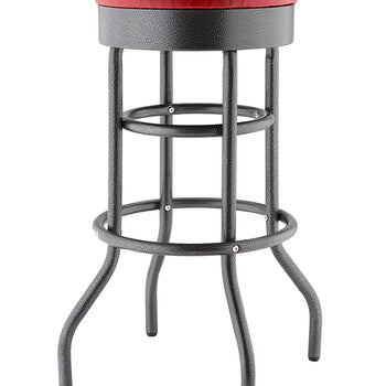 A bar stool with a black, hammered metal frame and a round, red, cushioned seat. The stool has four curved legs and two circular rungs connecting the legs, one serving as a footrest
