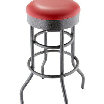 A classic, backless bar stool with a black, textured metal frame and a round, padded red seat. The frame features curved legs and two circular footrests.