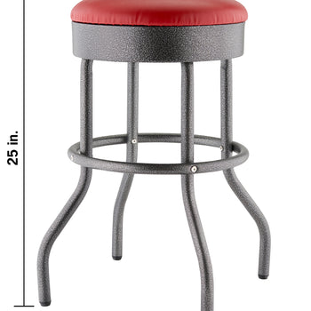 A red cushioned bar stool with a grey speckled metal frame and four flared legs is shown against a white background. Black dimension lines indicate a height of 25 in., a seat width of 14.13 in., and a base width of 21 in.
