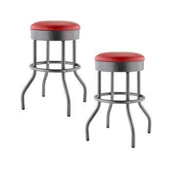 A pair of industrial-style bar stools is shown, featuring red round cushioned seats and gray metallic legs. The stools have a speckled black metal finish and curved legs with a circular footrest brace near the bottom.