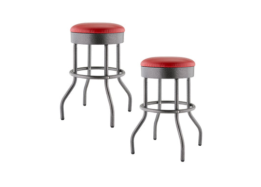 A pair of industrial-style bar stools is shown, featuring red round cushioned seats and gray metallic legs. The stools have a speckled black metal finish and curved legs with a circular footrest brace near the bottom.