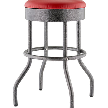 A close-up, studio shot of a bar stool with a red, round, cushioned seat and a textured, metallic black frame. The stool has four curved legs and a circular footrest halfway down the frame.