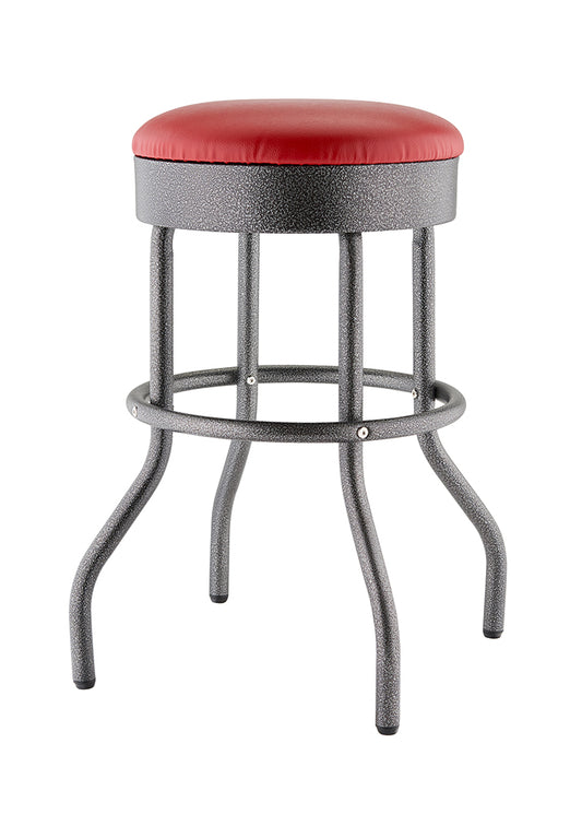 A close-up, studio shot of a bar stool with a red, round, cushioned seat and a textured, metallic black frame. The stool has four curved legs and a circular footrest halfway down the frame.