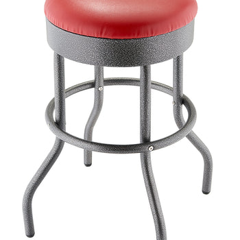 A sturdy, metal bar stool with a speckled gray finish and a thick, round red vinyl seat. The stool features four curved legs connected by a circular footrest near the base.
