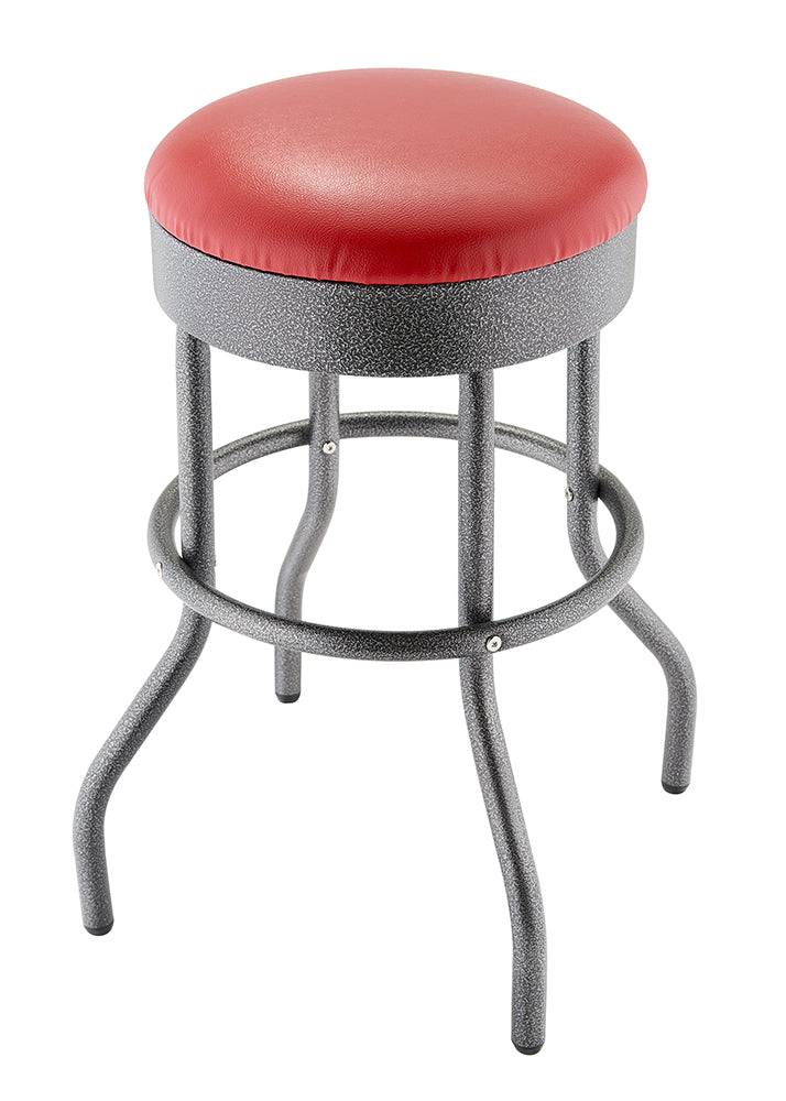 A sturdy, metal bar stool with a speckled gray finish and a thick, round red vinyl seat. The stool features four curved legs connected by a circular footrest near the base.