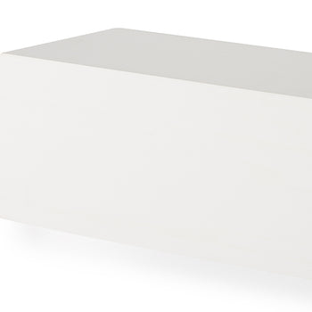 A close-up shot of a smooth, rectangular white block or floating shelf against a white background. The object features clean lines, sharp corners, and a matte finish with soft shadows underneath.