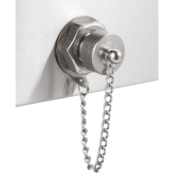 A close-up shows a drain plug assembly with hexagonal nut and a knurled cap screwed into a flat metal surface. A small silver chain is attached to the cap and hangs downwards.