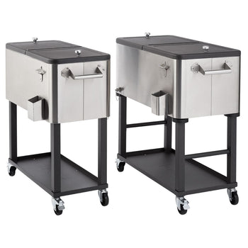 Two stainless steel 80 quart version of cooler carts with black lids and black metal frames on wheels are shown against a white background. Each cooler has handles, a bottle opener, and a bottle cap catcher attached to the side.