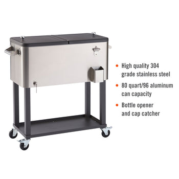 A stainless steel cooler with high quality 304 stainless steel tub details listed alongside ninety six can capacity for the eighty quart cooler on wheels.