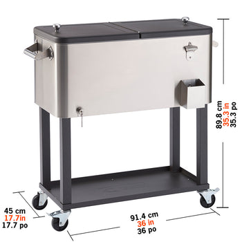 A Trinity 80 Quart Stainless Steel Cooler with a black frame and wheels. The cooler has a double-hinged lid, side handles, a bottle opener with a cap catcher, and a bottom shelf for extra storage. Dimensions are overlaid on the image, showing it is 36 inches wide , 17.7 inches deep, and 35.3 inches high.