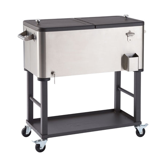 A stainless steel  80 quart detachable cooler with a split black lid sits on a dark gray metal stand with black rubber wheels. The cooler has handles on the sides, a bottle opener, and a bottle cap catcher.