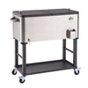 A stainless steel  80 quart detachable cooler with a split black lid sits on a dark gray metal stand with black rubber wheels. The cooler has handles on the sides, a bottle opener, and a bottle cap catcher.