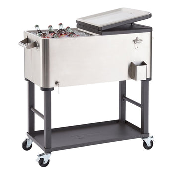 A stainless steel cooler cart, partially filled with ice and bottled drinks, sits on a wheeled black metal frame. The cooler has a hinged lid that is partially open, and features a bottle opener and a cap catcher on one side.