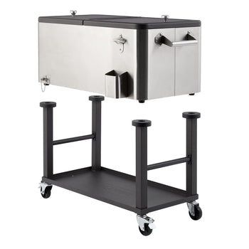 The top stainless steel tub of the cooler detached from its steel frame. The cooler features handles on the sides, a bottle opener, a bottle cap catcher, and a spigot.