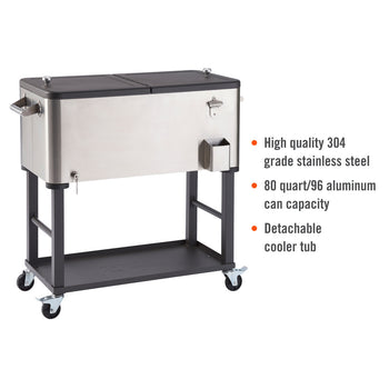 A stainless steel cooler with high quality 304 stainless steel detachable cooler tub details listed alongside ninety six can capacity for the eighty quart cooler on wheels.