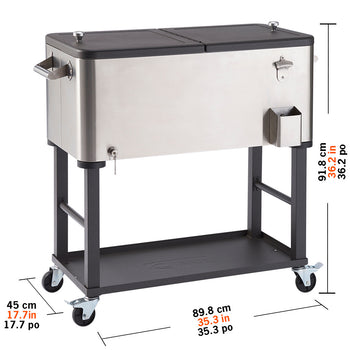 A Trinity 80 Quart Stainless Steel Detachable Cooler with a black frame and wheels. The cooler dimensions 35.3 inches wide 17.7 inches deep 36.2 inches tall.