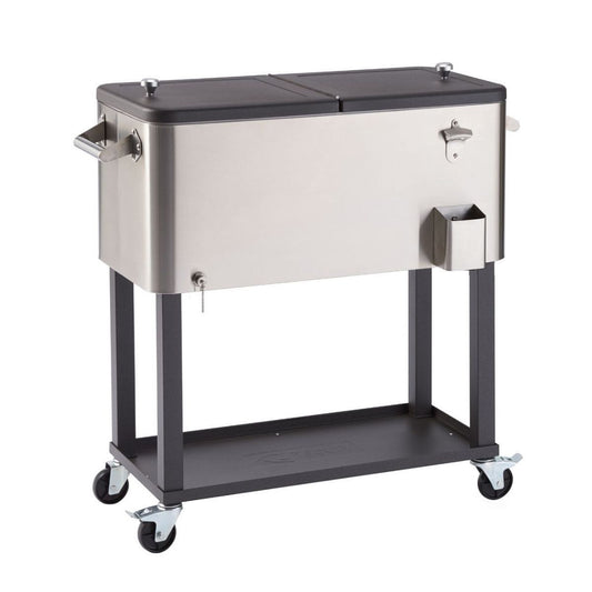 A stainless steel  80 quart cooler with a split black lid sits on a dark gray metal stand with black rubber wheels. The cooler has handles on the sides, a bottle opener, and a bottle cap catcher.
