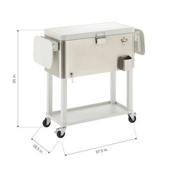 A 3D render of a stainless steel beverage cooler on a white rolling cart. The cooler has a lid with a handle and latch, a bottle opener on one side, and two foldable shelves. It measures 35 inches tall, 37.5 inches long, and 18.5 inches wide.