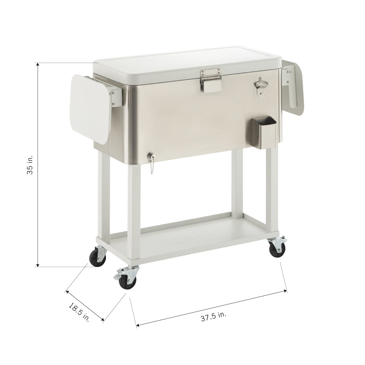 A 3D render of a stainless steel beverage cooler on a white rolling cart. The cooler has a lid with a handle and latch, a bottle opener on one side, and two foldable shelves. It measures 35 inches tall, 37.5 inches long, and 18.5 inches wide.